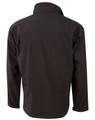 A black men's softshell contrast jacket with a tall collar, featuring a logo on the back.