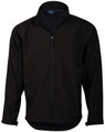 A black softshell jacket with a zip front, two side pockets, and a collar. It features a logo on the chest.