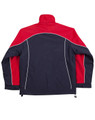 A reversible jacket featuring a navy blue body with red sleeves and contrast piping, and a logo on the design.