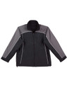 A reversible jacket in black and grey with contrasting design elements and a logo on the left side.