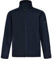 A navy blue men's softshell high-tech jacket featuring a zip front and multiple pockets, including a zippered arm pocket.