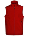 A red men's softshell hi-tech vest featuring a high collar and zippered front, with side pockets and a logo.