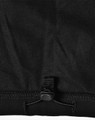 A black softshell vest featuring a drawstring adjustment at the bottom and a logo.