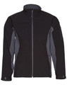 A men's softshell jacket in black with grey contrast panels, featuring a zip closure and side pockets.
