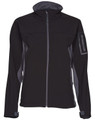 A black and grey softshell jacket with a zippered front, featuring a logo on the sleeve and a high collar.