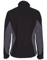 A softshell jacket in black with grey contrast panels, featuring a high collar and a logo on the sleeve.