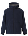 A navy blue softshell full zip hoodie featuring a grey interior and a hood, with a logo on the front.