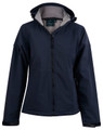 A navy women's softshell full zip hoodie with a hood and a fleece lining, featuring a logo on the chest.