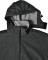 A dark grey ladies' softshell full zip hoodie with a removable hood and an inner lining. Features a logo.
