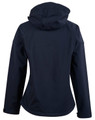 A navy ladies' softshell full zip hoodie with a hood and a logo on the back.