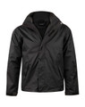 A black ladies' versatile jacket featuring a hood and zip pockets, with a logo on the front.