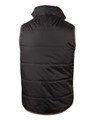 A black, sleeveless vest featuring a puffy design and high collar, with a logo on the back.
