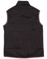 A black ladies' vest with a sleeveless design and a standard collar, featuring a branding logo.