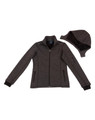 A grey bonded fleece jacket with a removable hood, featuring two front pockets and a zip closure.