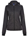 A ladies' fleece jacket in heather grey with a hood, featuring zippered pockets and a logo.