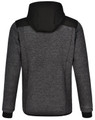 A black and grey men's jacket with a hood, featuring a quilted body and heathered sleeves. It has a logo on it.
