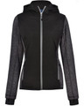 A ladies' black heather sleeve and quilted body jacket with a hood and zippered front pockets.