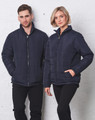 A navy puffer jacket is worn by a man and woman, standing side by side against a light backdrop.