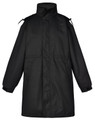 A long black stadium jacket with a high collar and adjustable features, featuring a logo on the design.