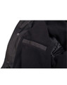 A black Long Line Stadium Jacket features a soft interior lining and an interior pocket. It has a simple design with a logo.