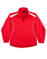 A red track jacket featuring white accents and a logo, designed with a zip front and side pockets.