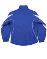 A blue track jacket with white detailing and a logo on the back. Features a high collar and elastic cuffs.