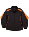 A black track jacket featuring orange accents, with a zip front and elasticated cuffs. It has a logo on the chest.