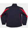 A navy blue kids' warm-up jacket with red accents, featuring a high collar and elastic cuffs. It has a logo.
