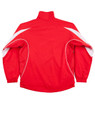 A bright red kids' warm-up jacket featuring white accents and a high neckline. It includes a logo on the design.
