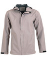 A men's waterproof performance jacket in light grey, featuring a hood and a logo on the chest.