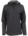 A ladies' waterproof performance jacket in dark grey, featuring a hood and a logo on the front.