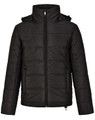 A unisex sustainable seamless parka jacket in black, featuring a zip front and hood, with a textured finish.