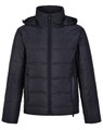A unisex sustainable seamless parka jacket in black, featuring a zip front and a hood, with a subtle logo.