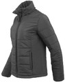 A grey women's sustainable insulated puffer jacket featuring a 3D cut, with a zip front and side pockets.