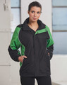 A unisex jacket in black with green accents and a zip-up front, featuring a logo on the chest.