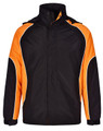 A unisex jacket in black with orange accents and a logo, featuring a high collar and front zip.