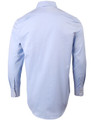 A light blue men's long-sleeve pinpoint oxford shirt with a button-up front and cuff details.