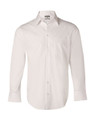 A white long-sleeved button-up shirt with a chest pocket and branding. Made from cotton/poly stretch material.