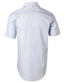 A light blue men's short-sleeve button-up shirt with a back yoke and a subtle logo.