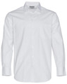 A white long-sleeve button-up shirt featuring a single chest pocket and a collar. It has a logo on the label.