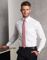 A men's long-sleeve shirt in white with self-stripes, featuring a pocket and styled with a pink tie.