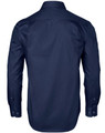 A navy blue men's button-up shirt featuring a dobby striped pattern and long sleeves. It has a branding logo.