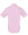 A short-sleeved, button-up shirt in light pink, featuring a smooth back design and a logo.