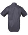 A short-sleeved men's button-up shirt in dark grey with a smooth finish and a logo on the back.