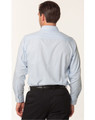 A long sleeve men's button-up shirt in light blue herringbone pattern, featuring a branded logo.