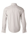 A men's long-sleeve button-up shirt with a grey and white ticking stripe pattern and a logo on the back.