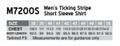 A size chart for the Men's Ticking Stripe Short Sleeve Shirt, detailing chest and body length measurements.