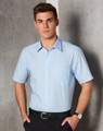 A light blue men's pin stripe short sleeve button-up shirt featuring a chest pocket and a logo.