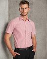 Men's short sleeve button-up shirt in red and white stripes, featuring a chest pocket and a logo.
