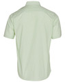 A light green short sleeve button-up shirt with a vertical stripe pattern and a logo on the back.